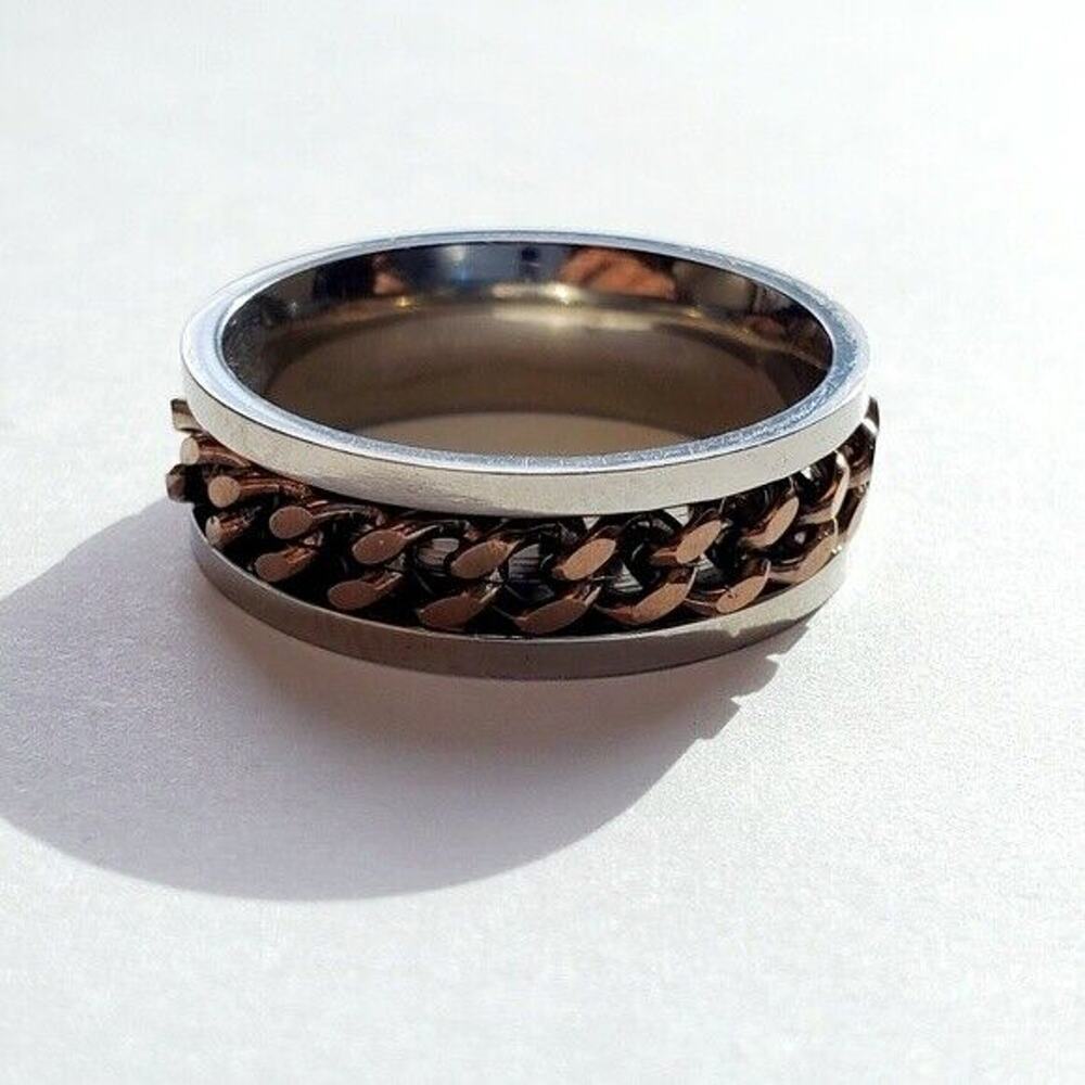 Mens Titanium Ring Sz 12.75 Jewelry Band Coffee Tone Steel Cuban‎ Link Inlay
